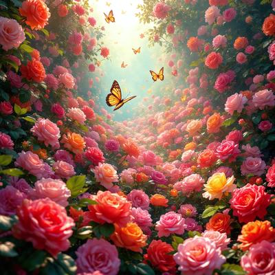 Primary subject: A beautiful garden filled with pink and orange flowers, including roses.

Setting/background: The garden is surrounded by a forest, creating a serene and natural atmosphere.

Visual style: The image is a digital artwork, showcasing the vibrant colors and intricate details of the flowers.

Colors and mood: The dominant colors are pink and orange, creating a warm and inviting mood. The garden is full of life and beauty, making it an ideal setting for
